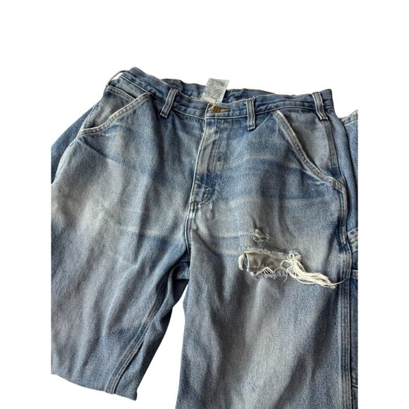 Carhartt Blue Denim Work Jeans 34x32 Distressed Carpenter Style With Multiple Po - Picture 1 of 10